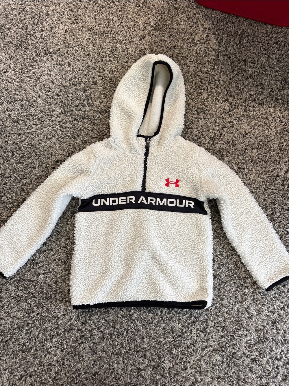 Under Armour Kids White Sherpa Hoodie with Black Logo Band and Red Emblem